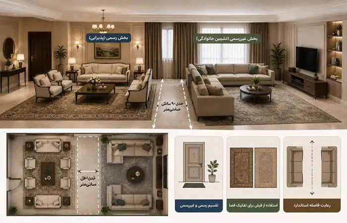چیدمان دو دست مبلمان در هال مربع
